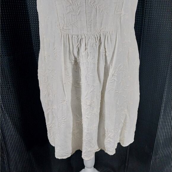 VERSONA! CREAM LINEN BLEND BOTANICAL EMBROIDERED BACK TIE SUN DRESS! SZ L - Picture 4 of 10